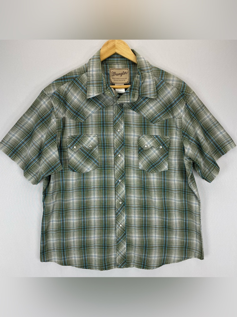 Wrangler Western Pearl Snap Shirt Mens XL Green Plaid Short Sleeve Sawtooth Pock